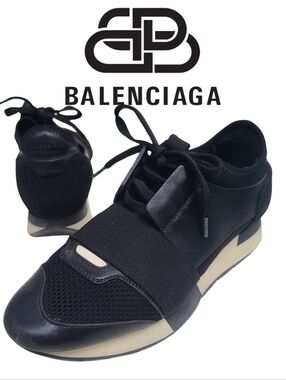 BALENCIAGA Black & White Modern Sneaker Leather, Suede Sneaks Lace-up EU 37